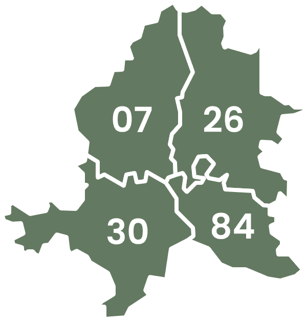 Carte de la zone d'intervention : Vaucluse, Gard, Drôme, Ardèche